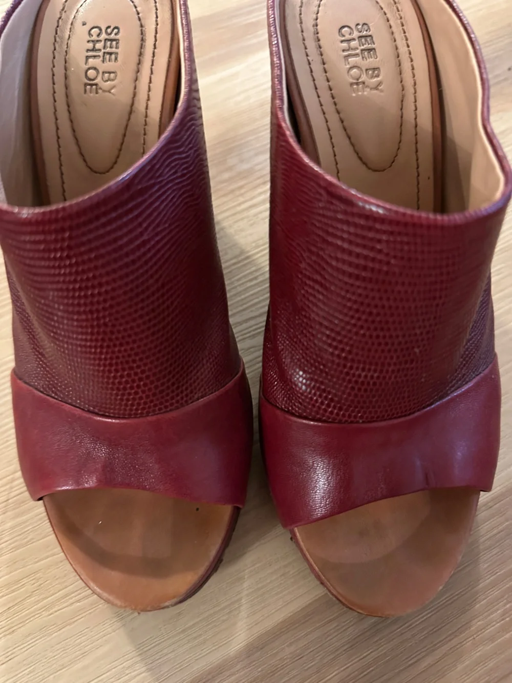 See by Chloé Burgundy Textured Leather Wedge Slides